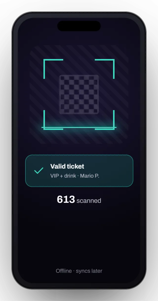 Aforena's door app on a phone: a valid ticket scanned while offline