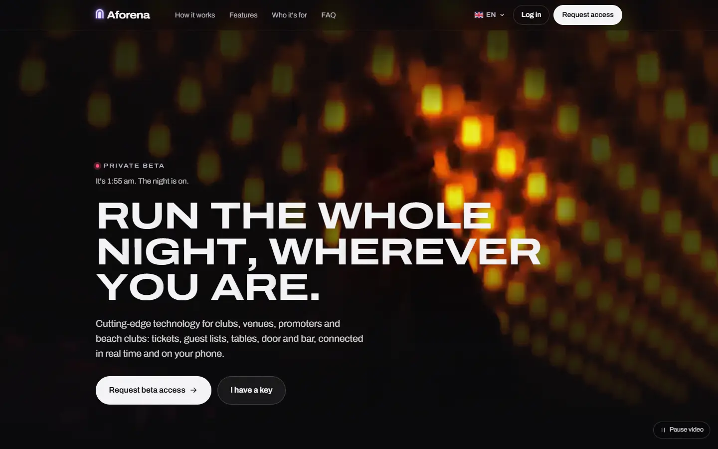 Aforena's home page: “Run the whole night, wherever you are.”