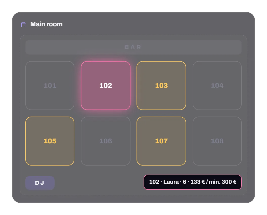 Floor plan of the main room with booked tables and one booking's details